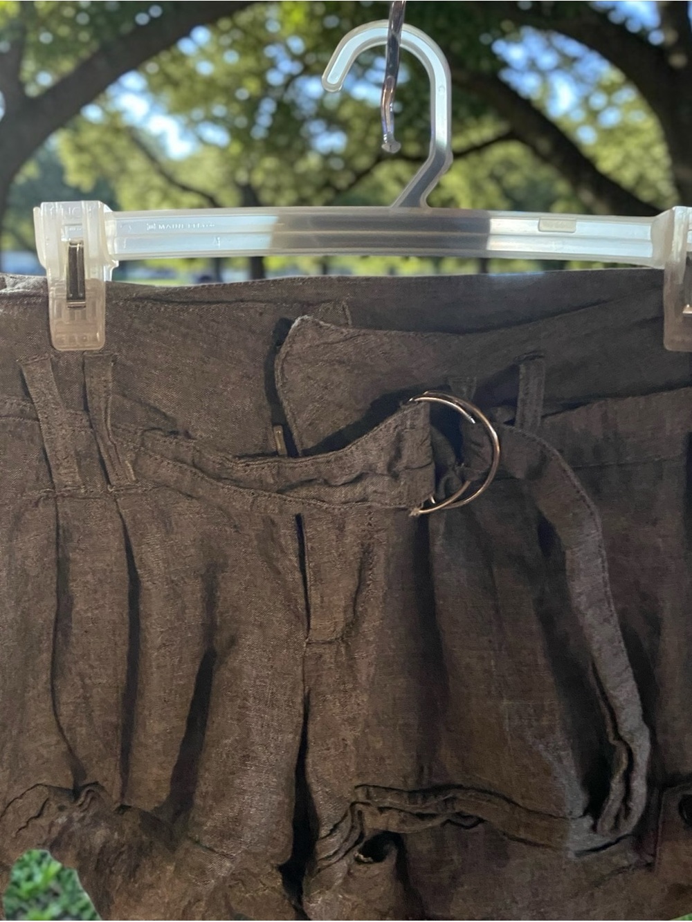 High-Rise Linen-Blend Paperbag Shorts with D-Ring Waist — Brown